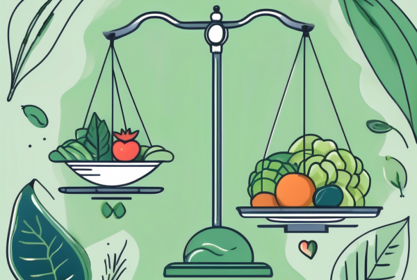A balanced scale with various healthy food items on one side and a symbol of wellness