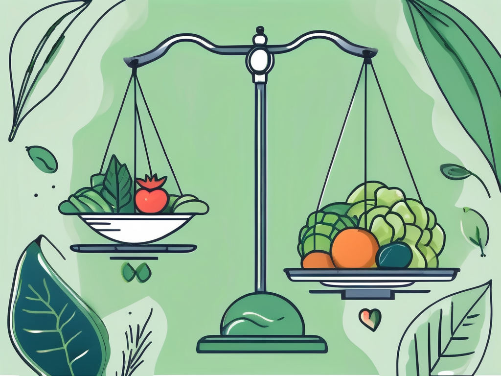 A balanced scale with various healthy food items on one side and a symbol of wellness