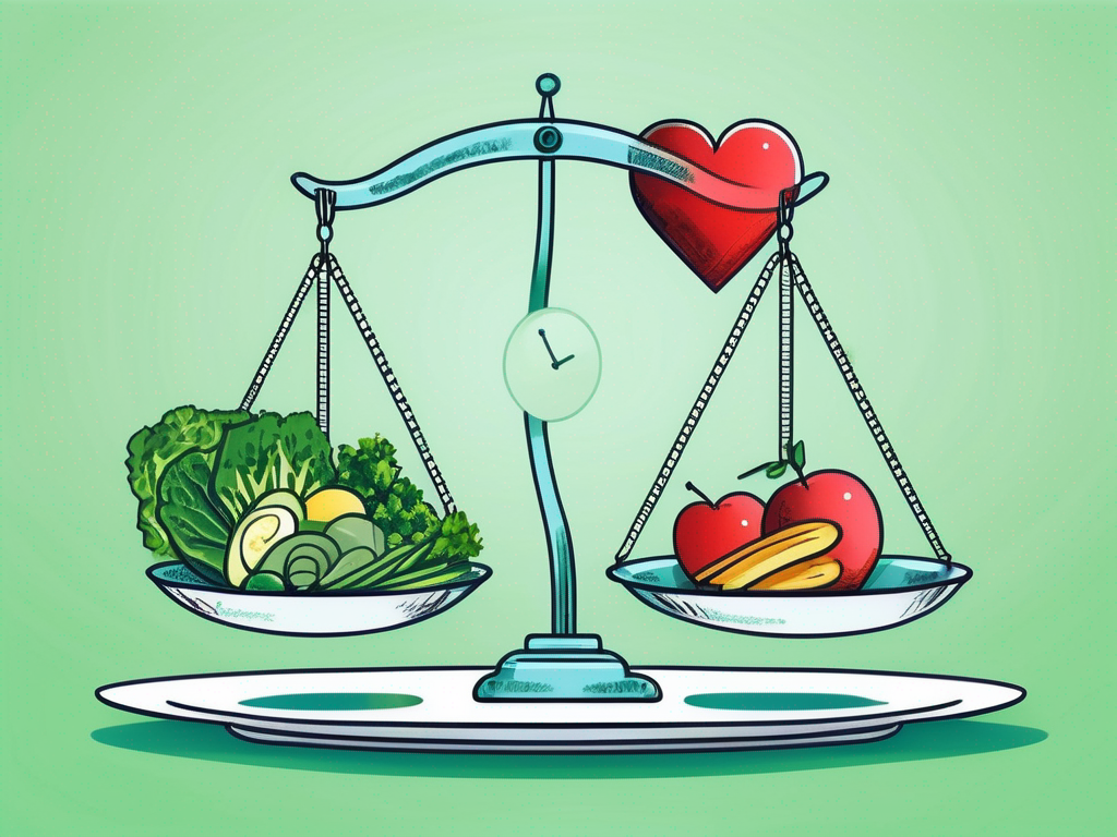 A pair of scales balancing a heart and a plate of healthy food