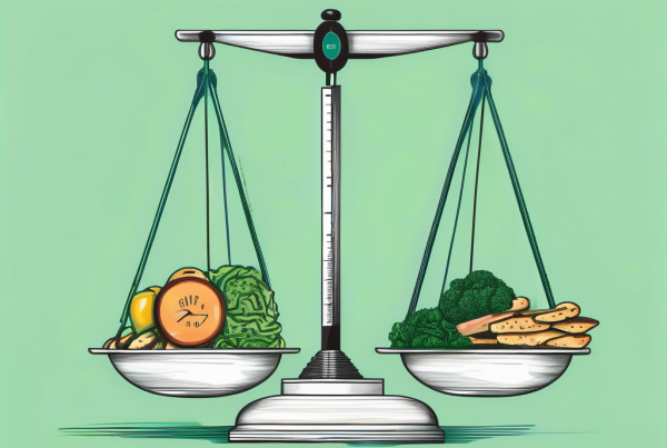 A balance scale with various potential triggers of binge eating disorder such as stress