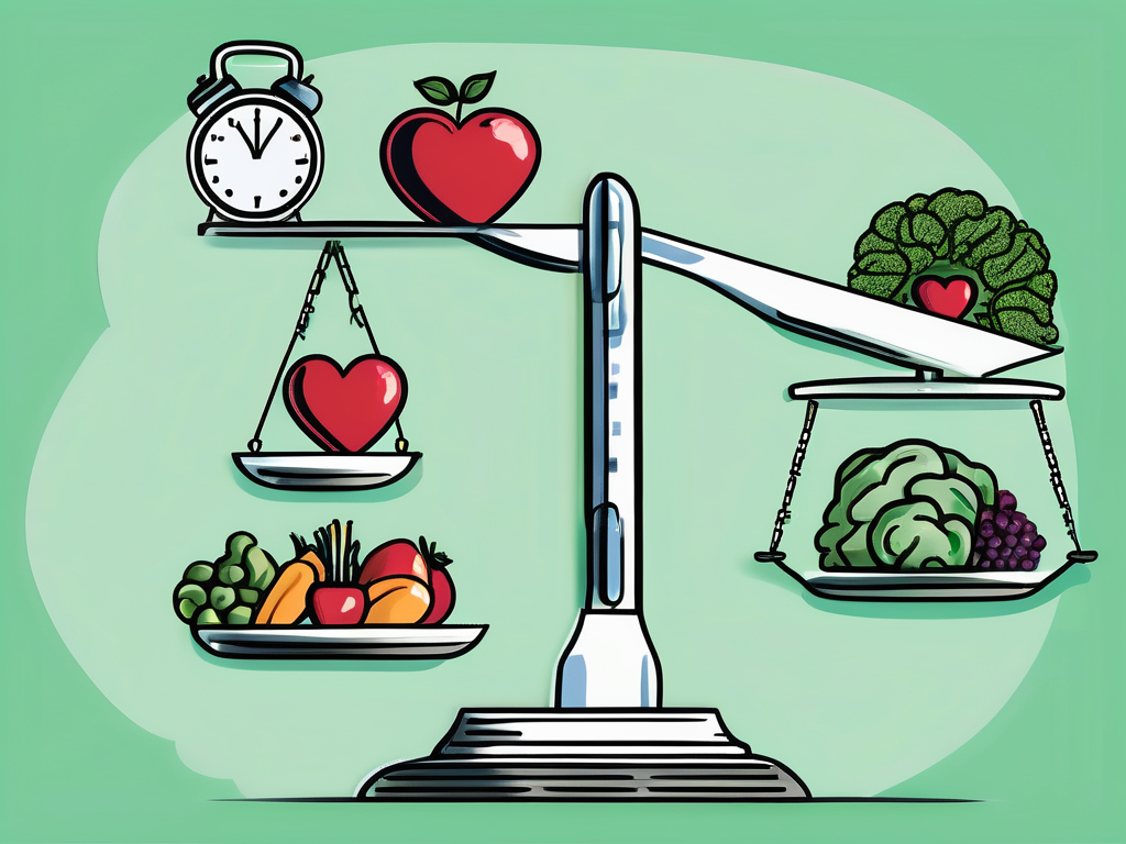 A balanced scale with healthy foods on one side and symbolic elements of wellness such as a heart