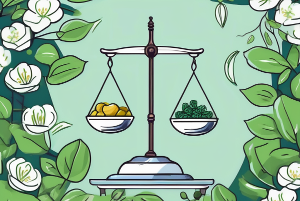 A balanced scale with different types of food on one side