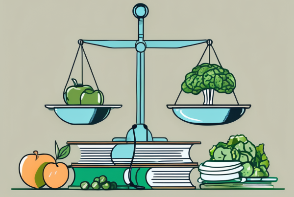 A balanced scale with a healthy meal on one side and a pile of scientific books and a stethoscope on the other