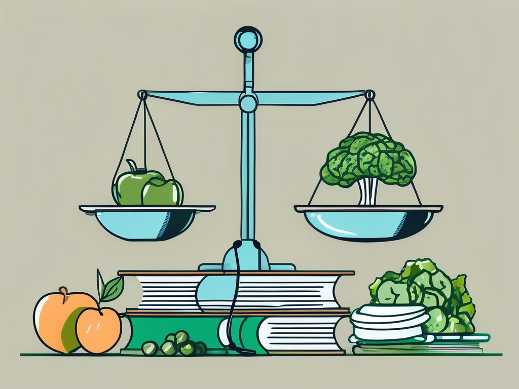 A balanced scale with a healthy meal on one side and a pile of scientific books and a stethoscope on the other