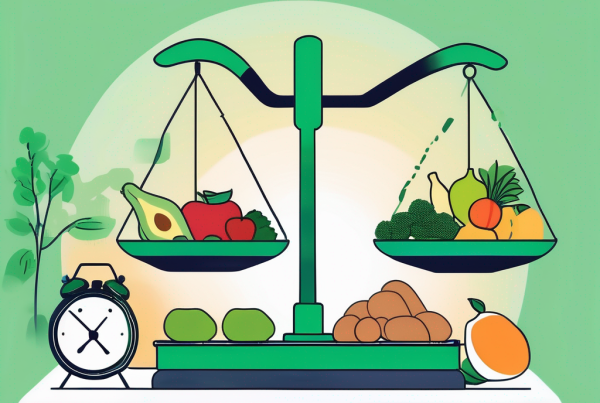 A balanced scale with healthy foods on one side and exercise equipment on the other