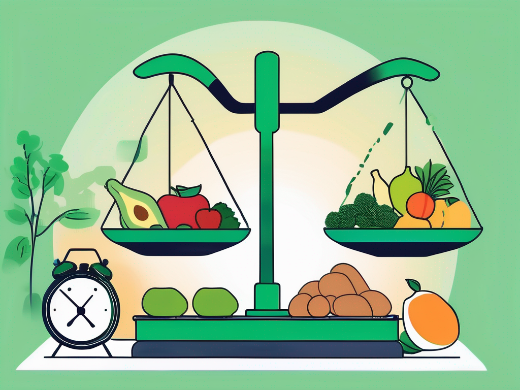 A balanced scale with healthy foods on one side and exercise equipment on the other