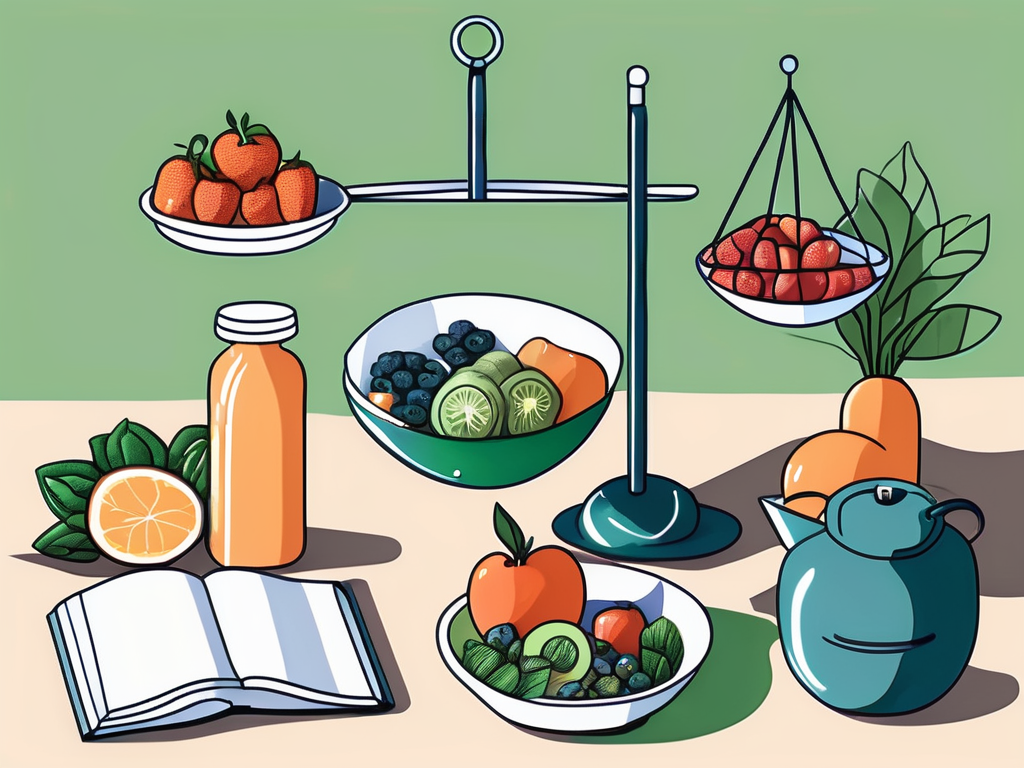 A balanced scale with healthy food on one side and self-care items like a yoga mat