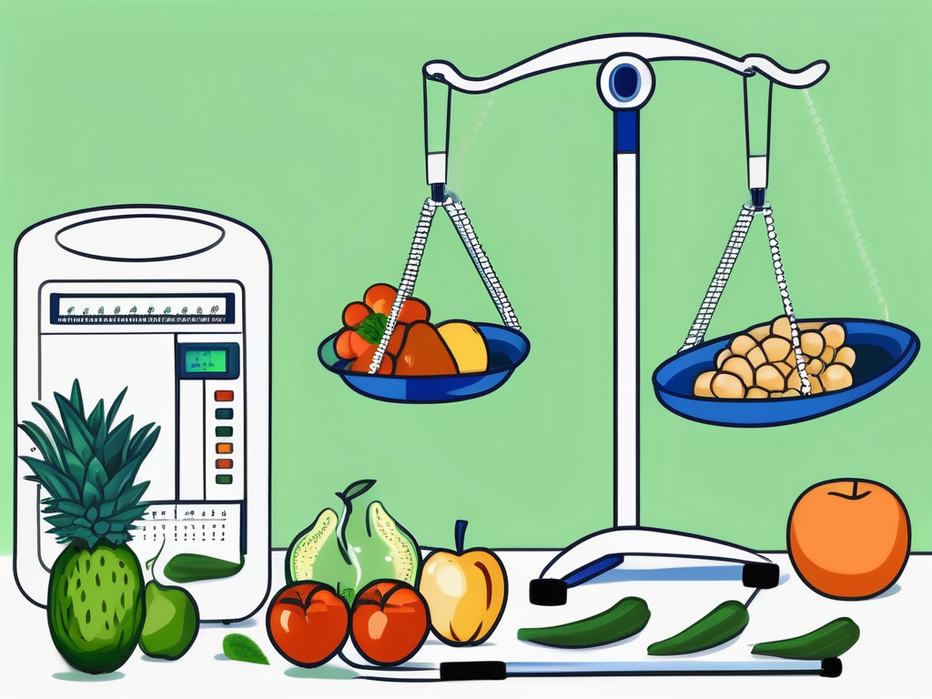 A balanced scale with healthy food on one side and sports equipment on the other