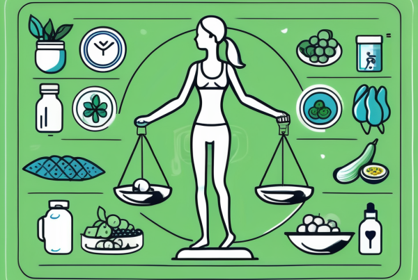 A balanced scale with healthy food on one side and physical fitness symbols on the other