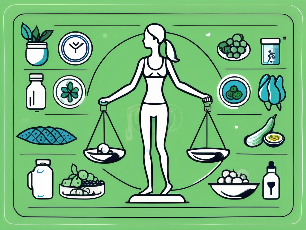 A balanced scale with healthy food on one side and physical fitness symbols on the other